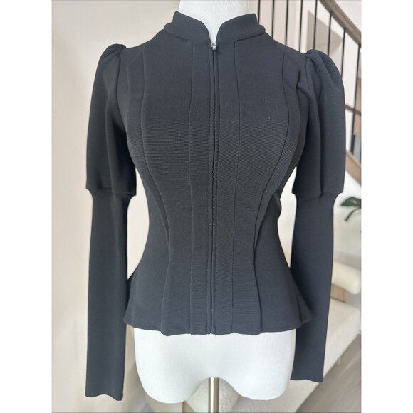 bebe Jackets & Blazers - Vintage Bebe Structured Black Zip Front Peplum Jacket Puff Sleeve XS